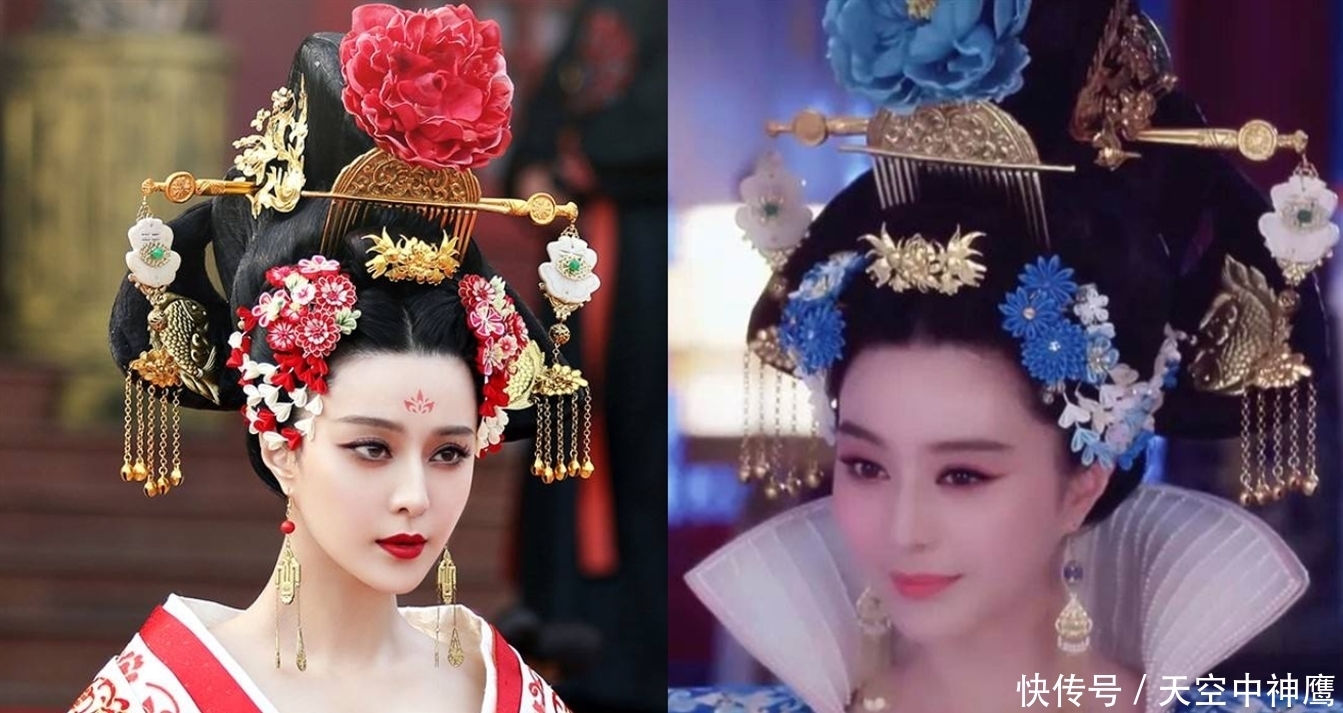 红蓝两色|现在的造型师都懒得设计了,头饰总是同款不同色,李未央一式四份